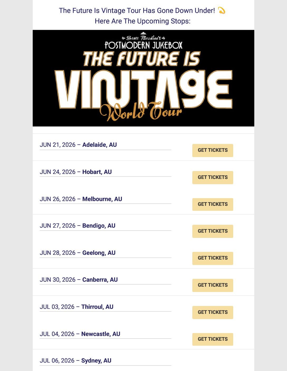 Postmodern Jukebox Australia and New Zealand tour email campaign