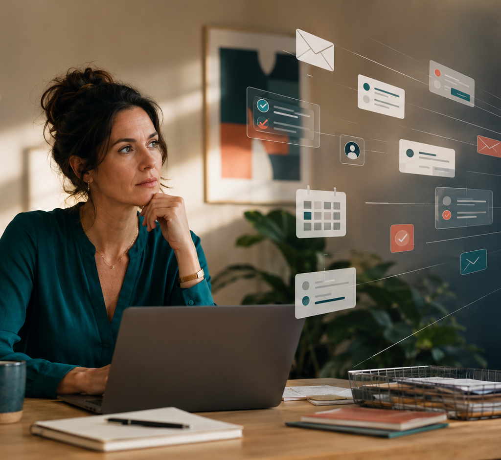 Business owner managing repeated manual marketing tasks as email, calendar, contact, and follow-up steps narrow into a workflow bottleneck