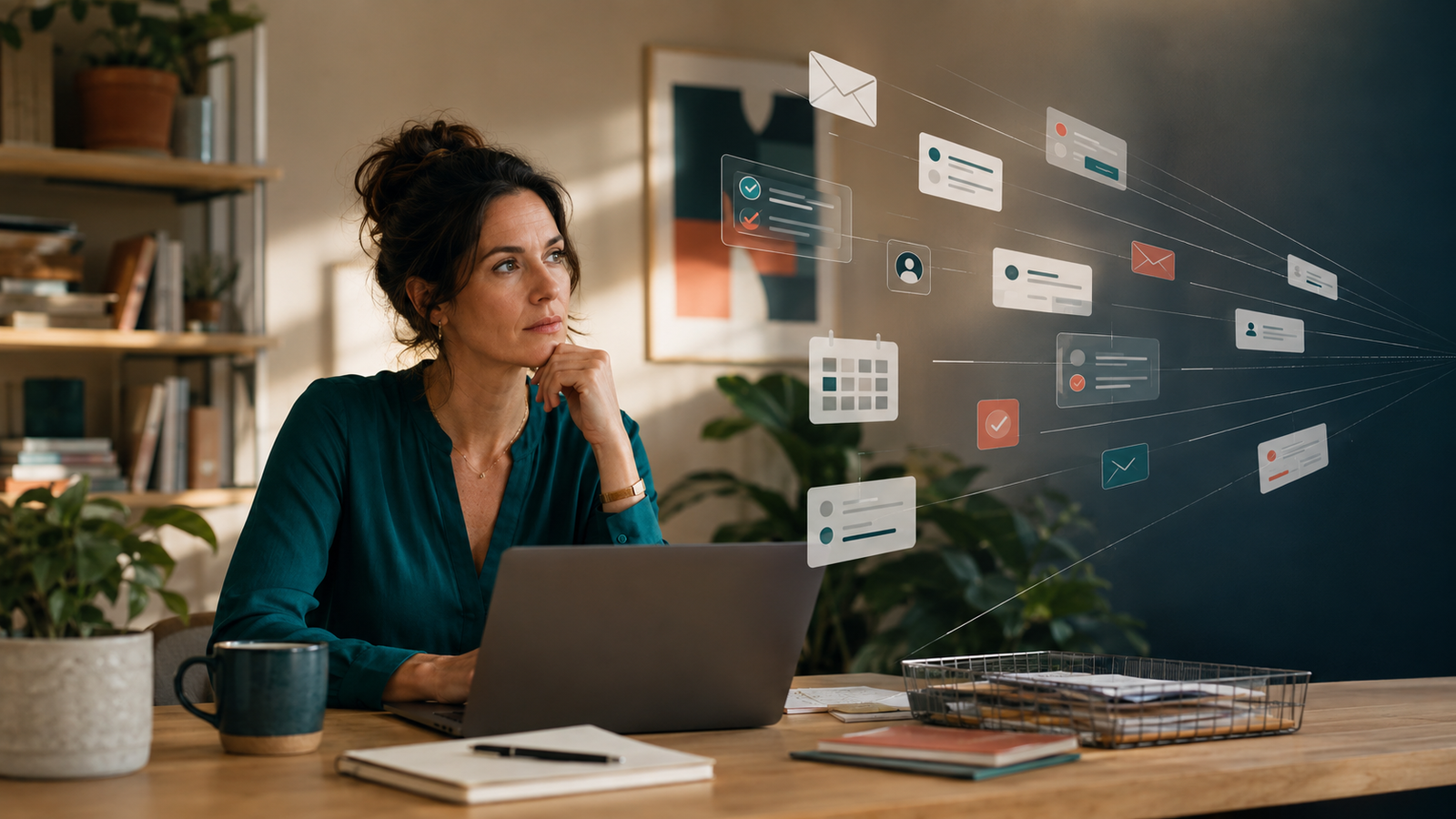 Business owner managing repeated manual marketing tasks as email, calendar, contact, and follow-up steps narrow into a workflow bottleneck