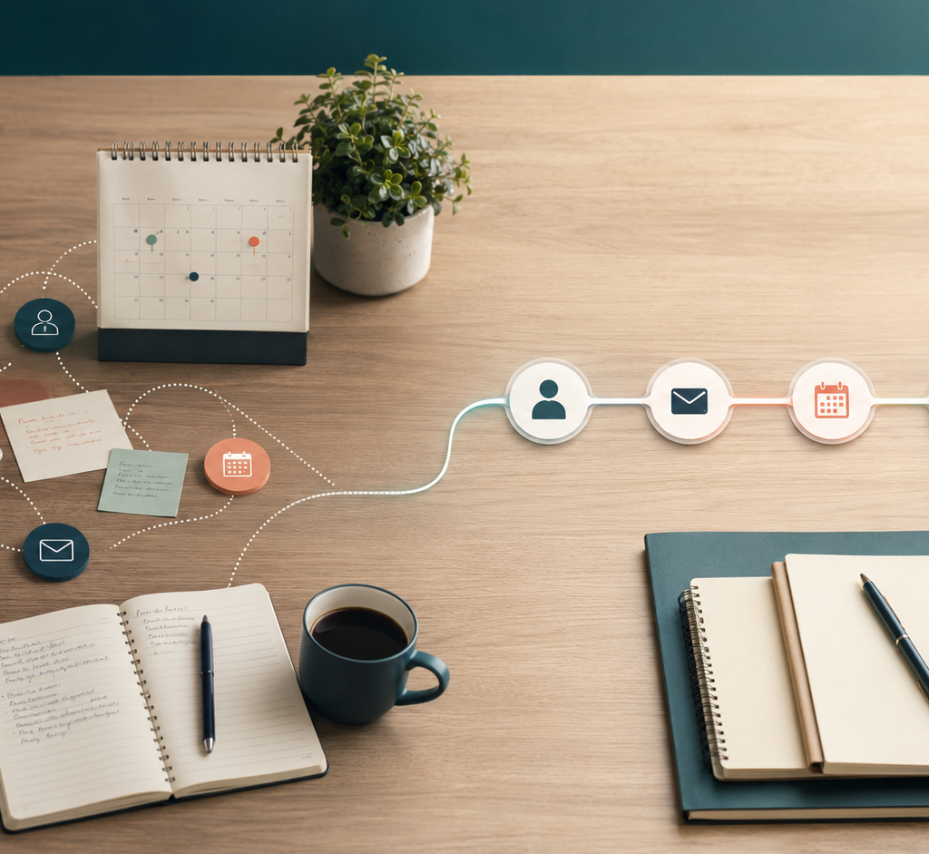 Disconnected email, calendar, contact, and website tools converging into one clear connected marketing workflow
