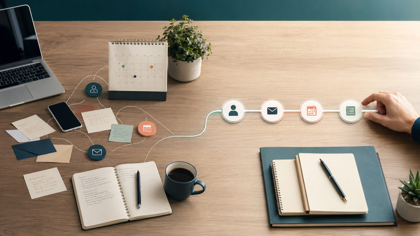 Disconnected email, calendar, contact, and website tools converging into one clear connected marketing workflow