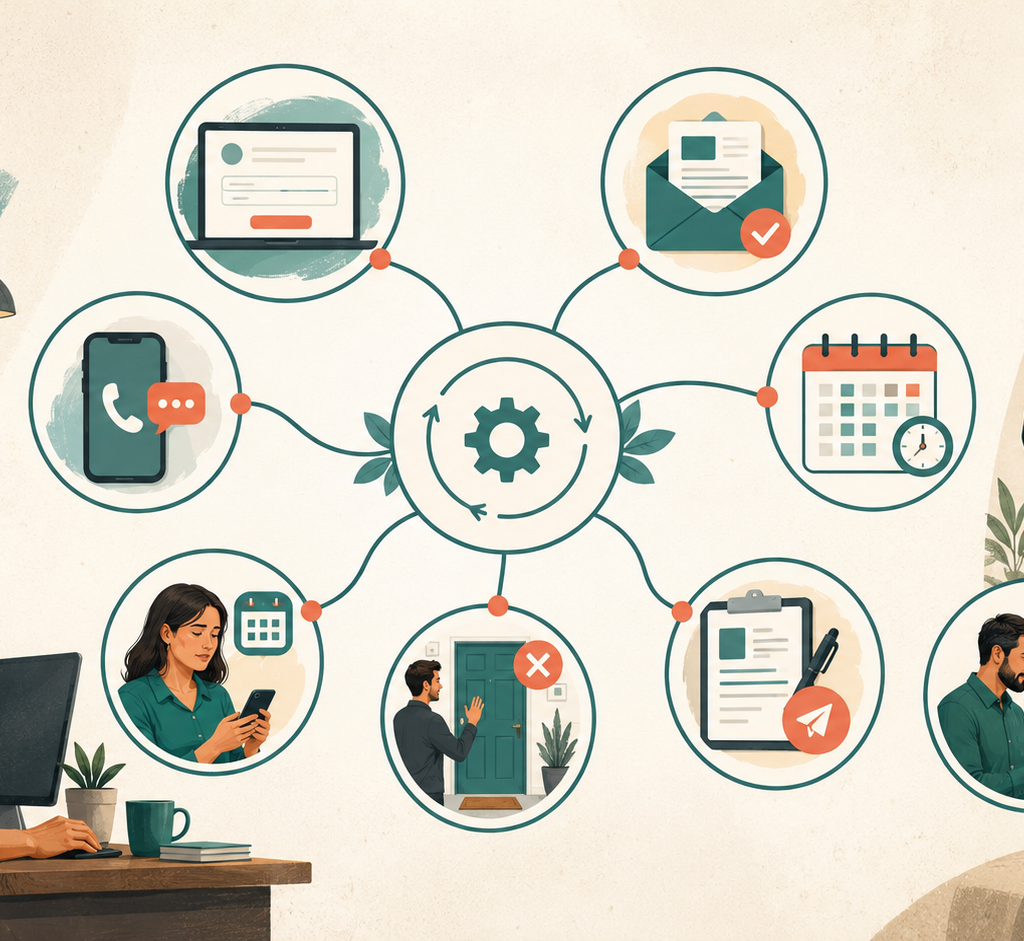 Seven connected marketing automation workflows supporting a service business from inquiry through client follow-up