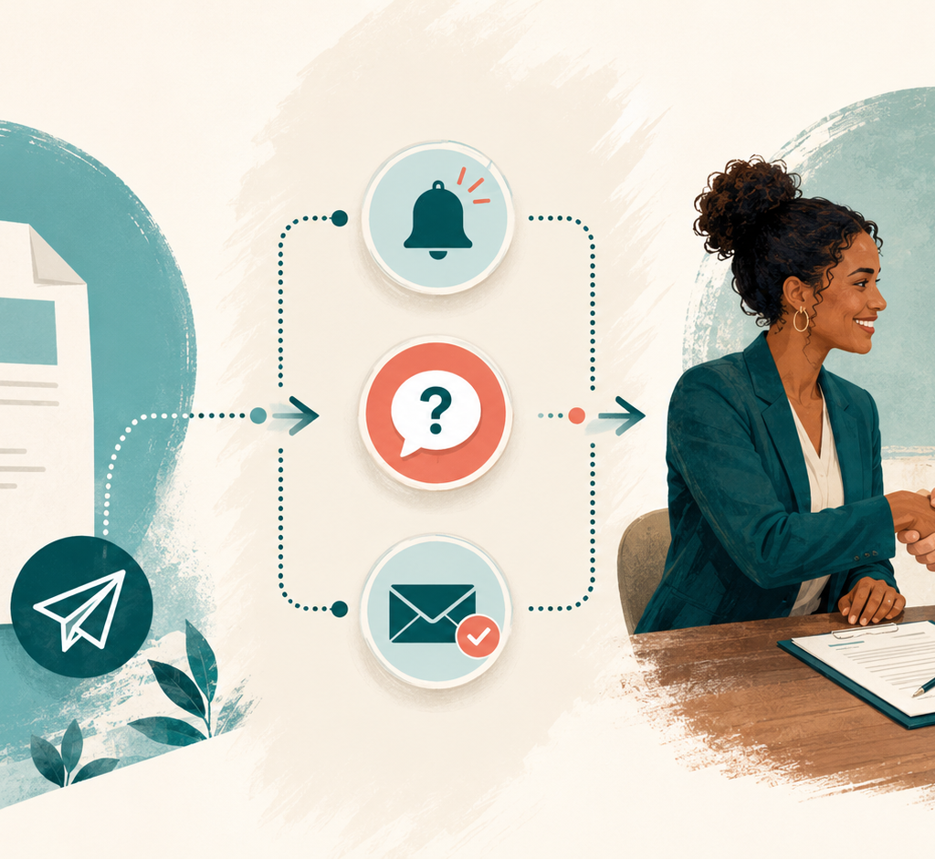 Business proposal moving through an organized follow-up workflow and ending in a client agreement