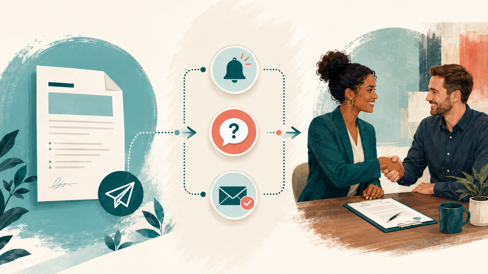 Business proposal moving through an organized follow-up workflow and ending in a client agreement