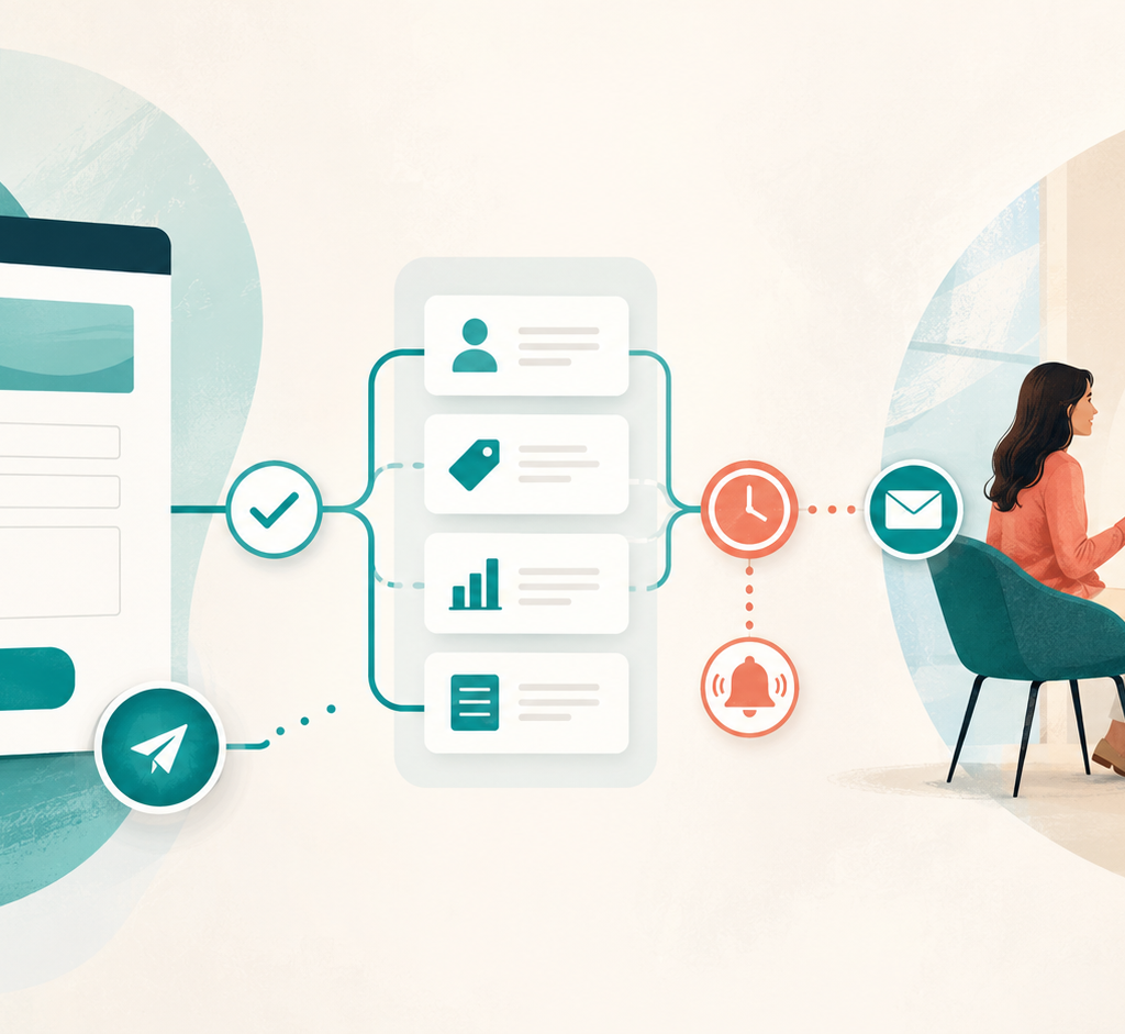 Contact form submission moving through an automated follow-up workflow into a client conversation