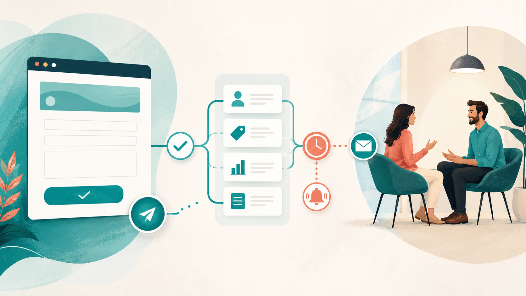 Contact form submission moving through an automated follow-up workflow into a client conversation