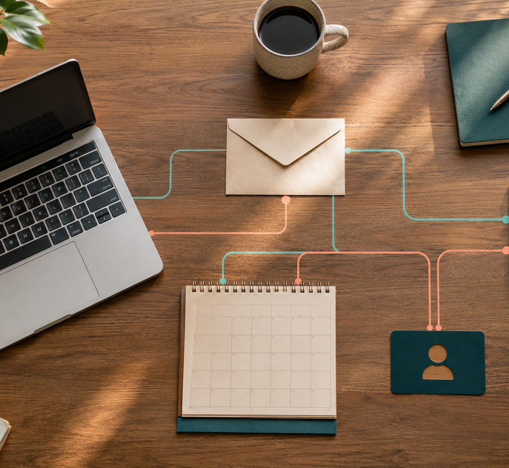 Website, email, phone, calendar, and contact tools connected across a workspace by one continuous marketing pathway