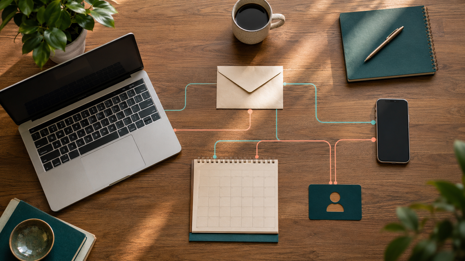 Website, email, phone, calendar, and contact tools connected across a workspace by one continuous marketing pathway