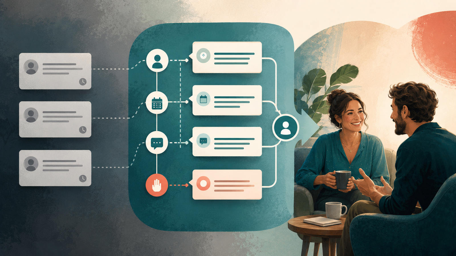 Generic automated messages transformed through context and behavioral logic into warm human communication