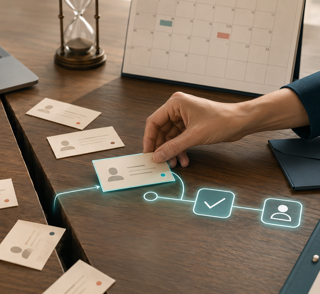 Follow-up contact cards drifting toward a gap while a human hand redirects one into a clear automated workflow