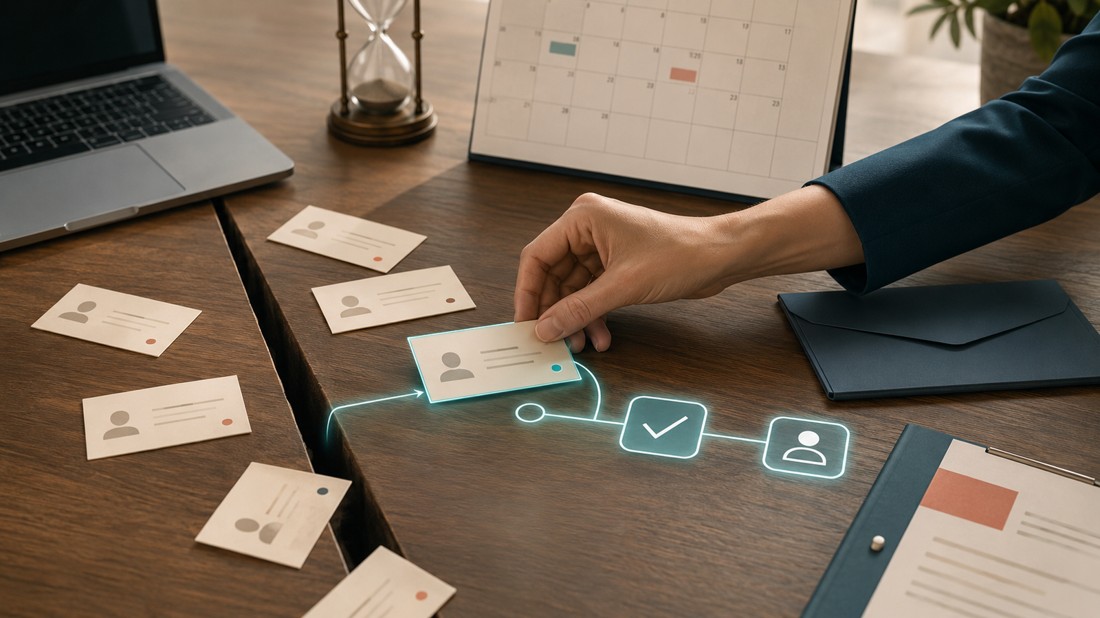 Follow-up contact cards drifting toward a gap while a human hand redirects one into a clear automated workflow