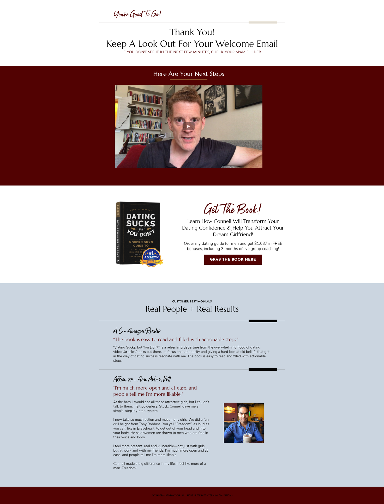 Thank-you page with next-step offer and customer proof